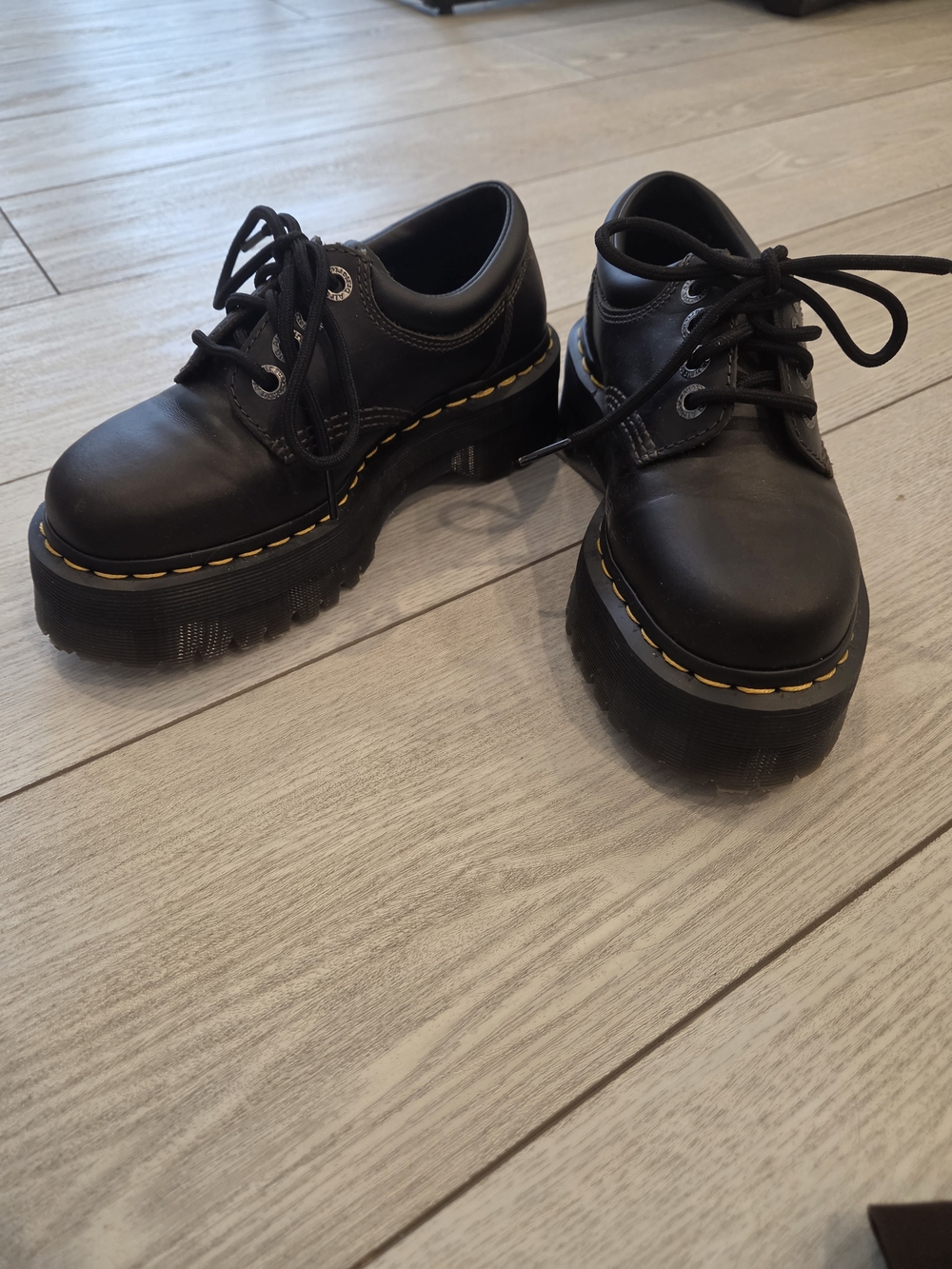 Dr. MARTENS Black Platform Lace-Up Shoes with Yellow Stitching. Size 6 US Ladies